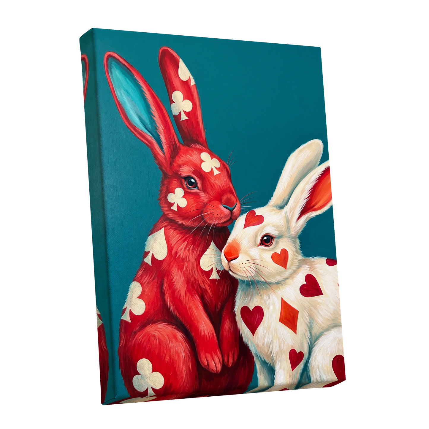 Courtship in Cards, red, white, blue nature wall art shown as a stretched canvas wall art