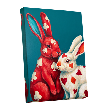 Courtship in Cards, red, white, blue nature wall art shown as a stretched canvas wall art