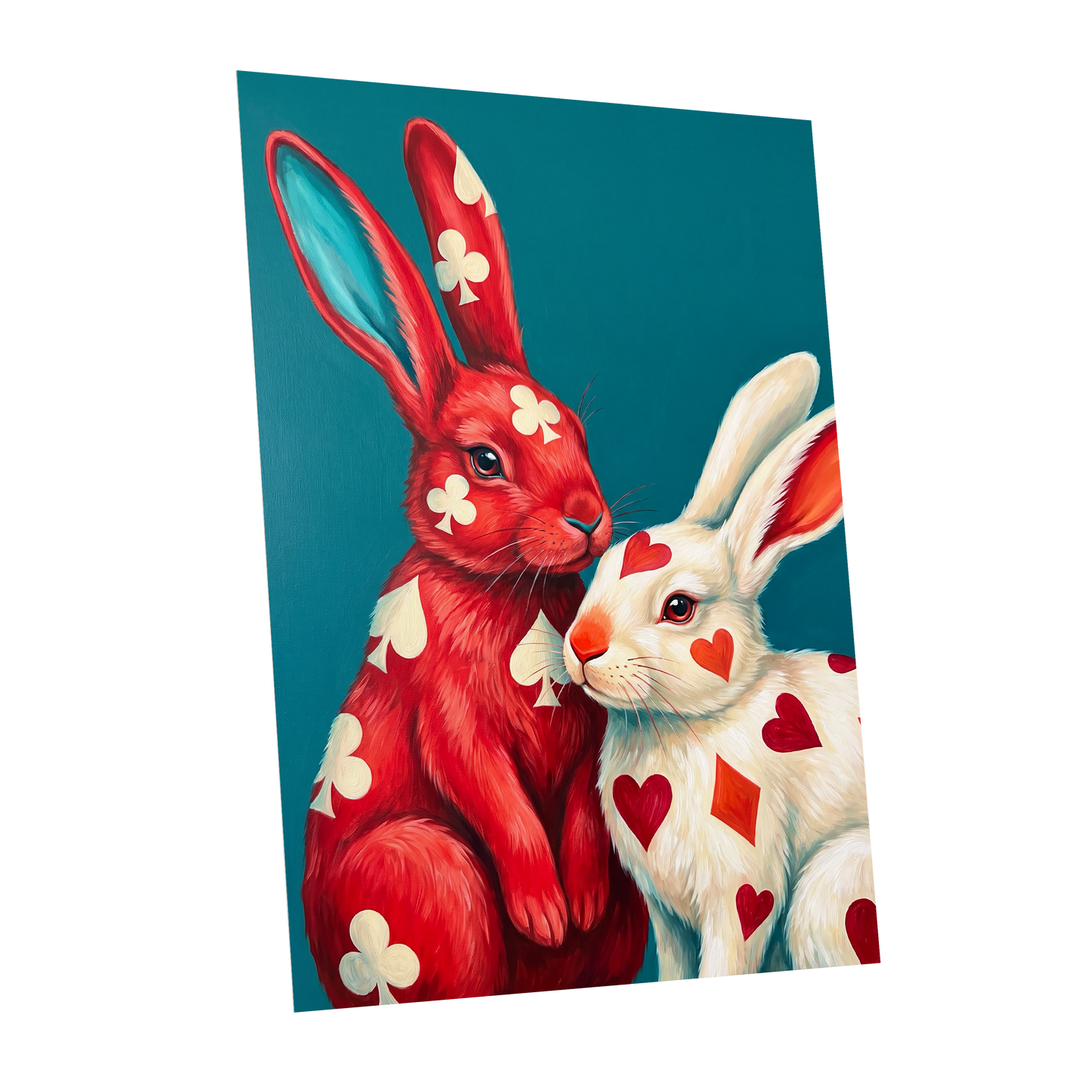 Courtship in Cards, red, white, blue nature wall art shown as a unframed poster wall art print