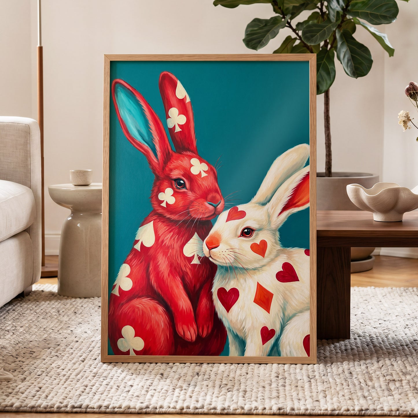 Courtship in Cards, red, white, blue nature wall art displayed in a styled interior, gallery view 2