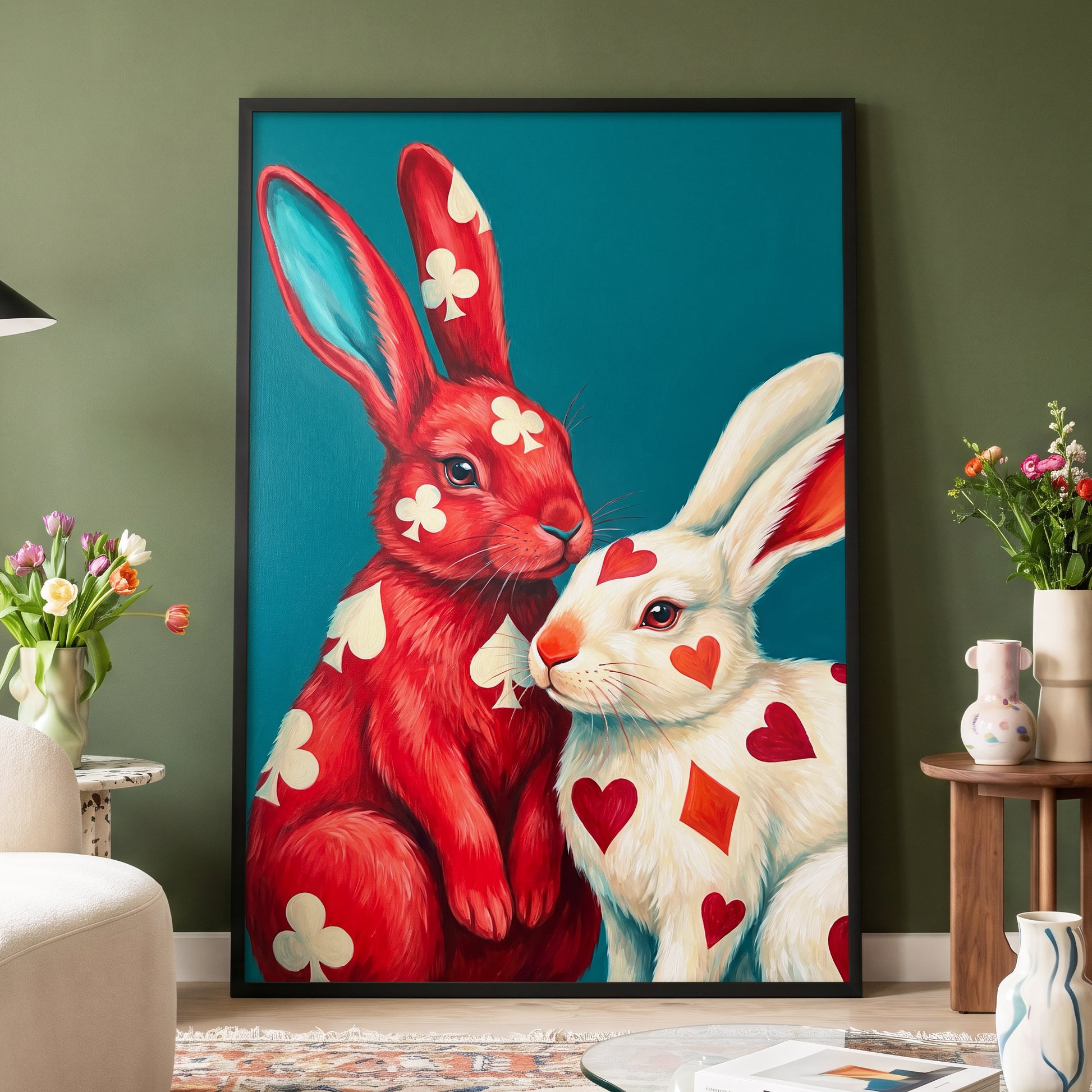 Courtship in Cards, red, white, blue nature wall art displayed in a styled interior, gallery view 9