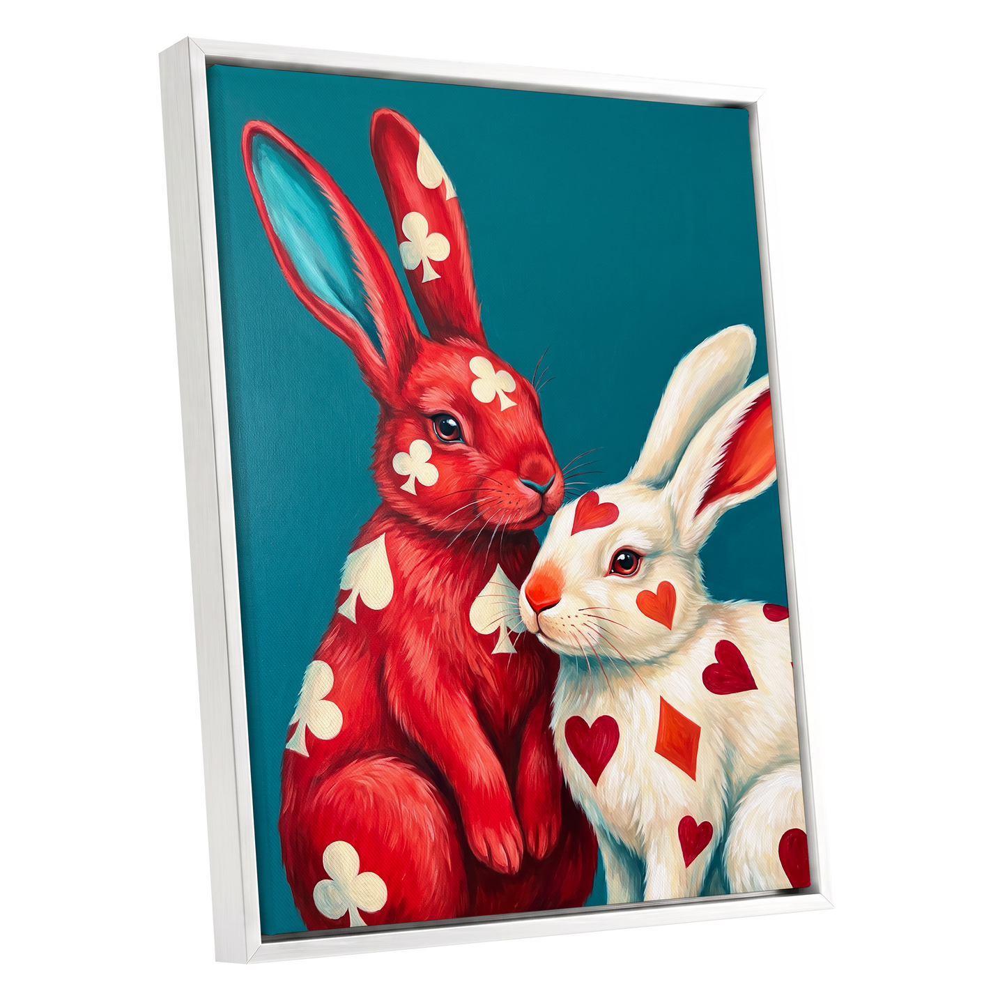 Courtship in Cards, red, white, blue nature wall art shown as a white framed canvas wall art