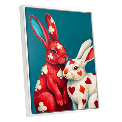 Courtship in Cards, red, white, blue nature wall art shown as a white framed canvas wall art