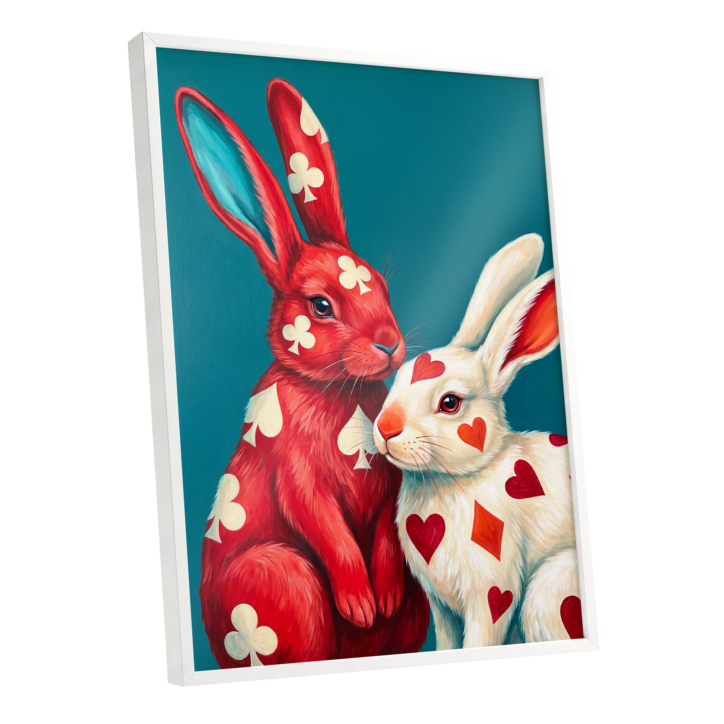 Courtship in Cards, red, white, blue nature wall art shown as a white framed poster wall art print