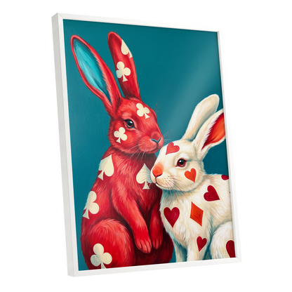 Courtship in Cards, red, white, blue nature wall art shown as a white framed poster wall art print