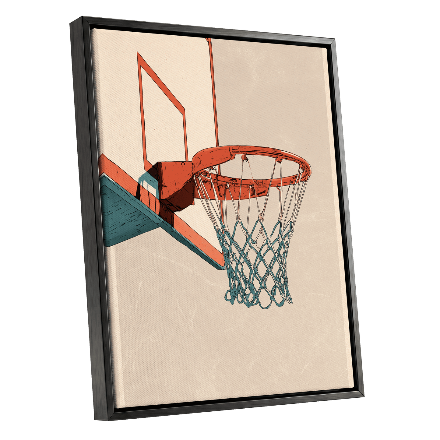 Courtside Geometry, beige, orange, blue minimalist wall art shown as a black framed canvas wall art