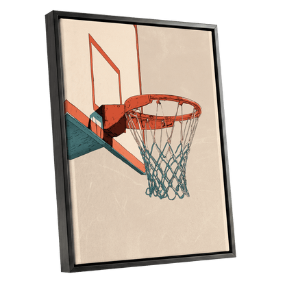 Courtside Geometry, beige, orange, blue minimalist wall art shown as a black framed canvas wall art