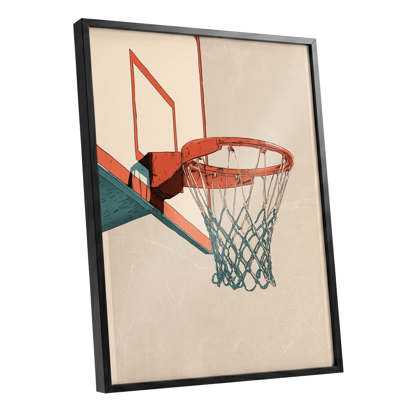 Courtside Geometry, beige, orange, blue minimalist wall art shown as a black framed poster wall art print