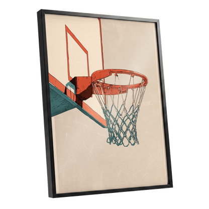 Courtside Geometry, beige, orange, blue minimalist wall art shown as a black framed poster wall art print
