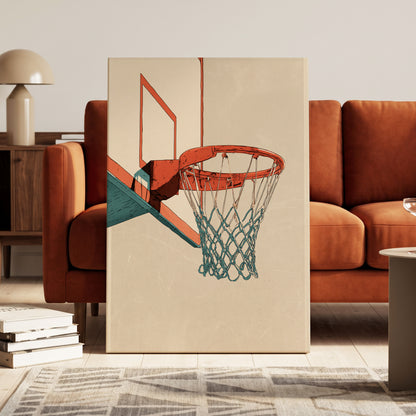 Courtside Geometry, beige, orange, blue minimalist wall art on canvas displayed in a styled interior, gallery view 1