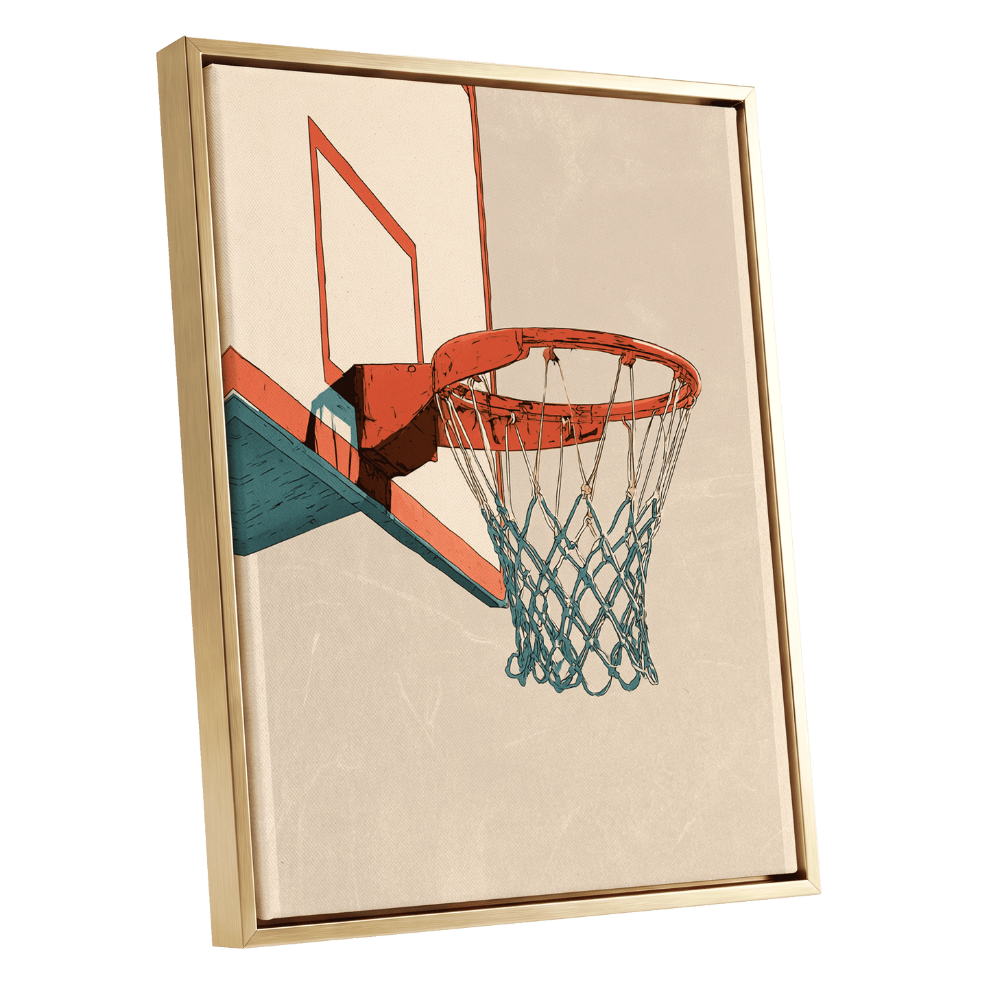 Courtside Geometry, beige, orange, blue minimalist wall art shown as a gold framed canvas wall art