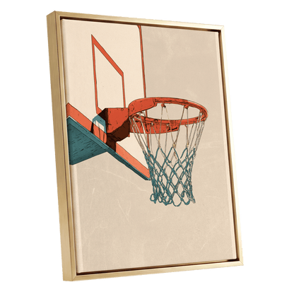 Courtside Geometry, beige, orange, blue minimalist wall art shown as a gold framed canvas wall art