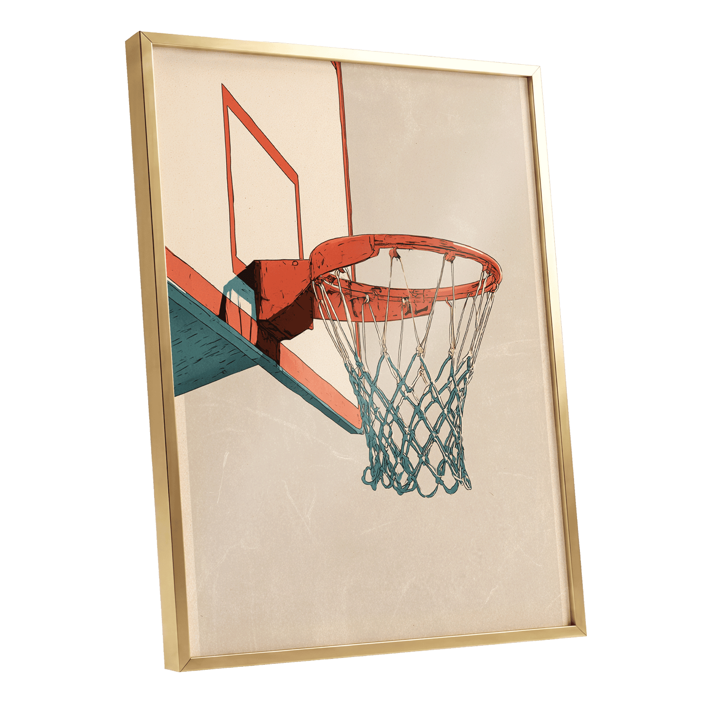 Courtside Geometry, beige, orange, blue minimalist wall art shown as a gold framed poster wall art print