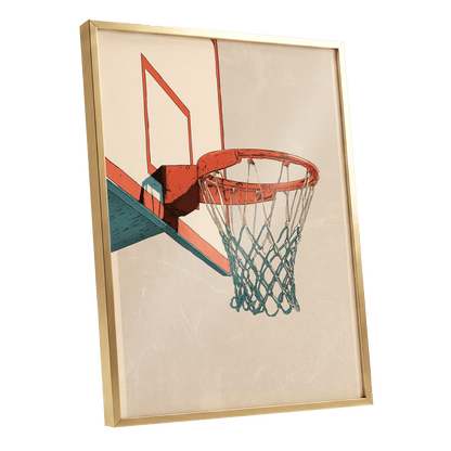 Courtside Geometry, beige, orange, blue minimalist wall art shown as a gold framed poster wall art print