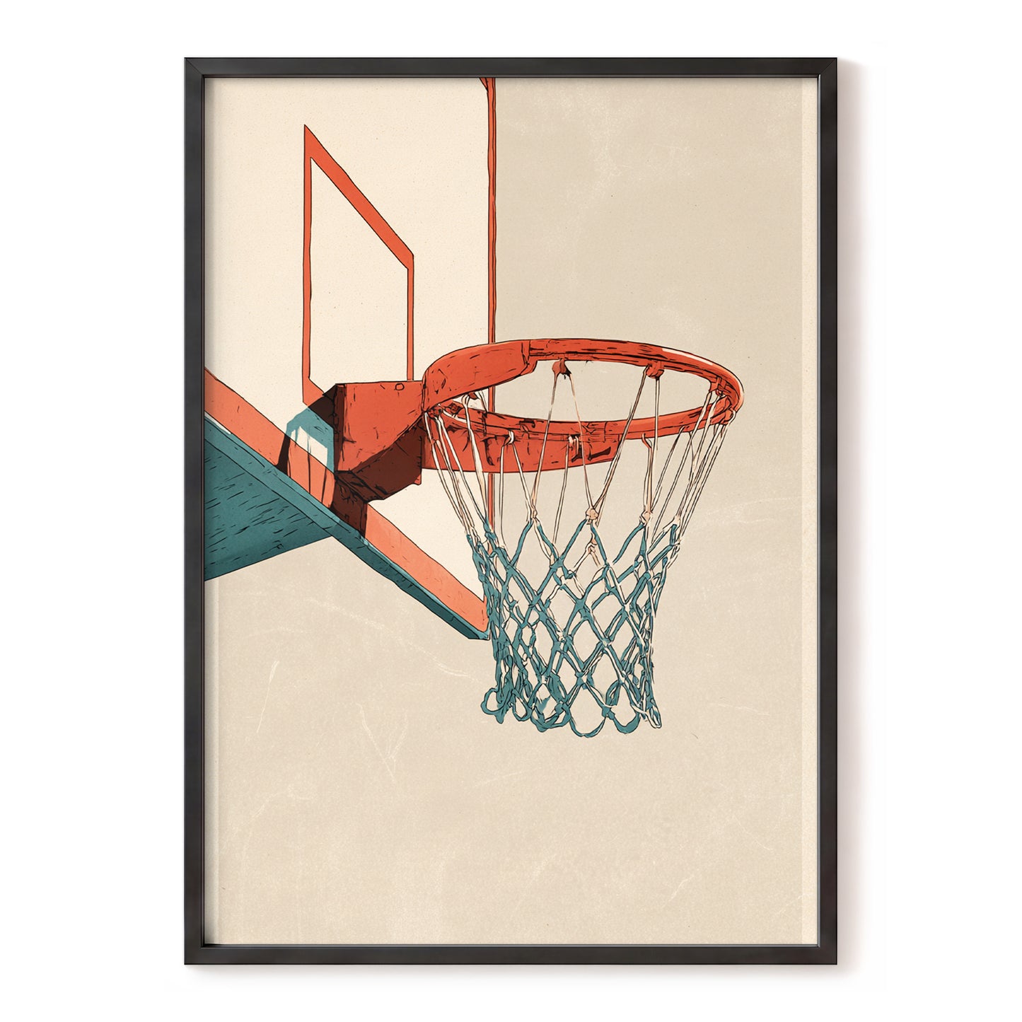 Courtside Geometry, beige, orange, blue minimalist wall art, front artwork view
