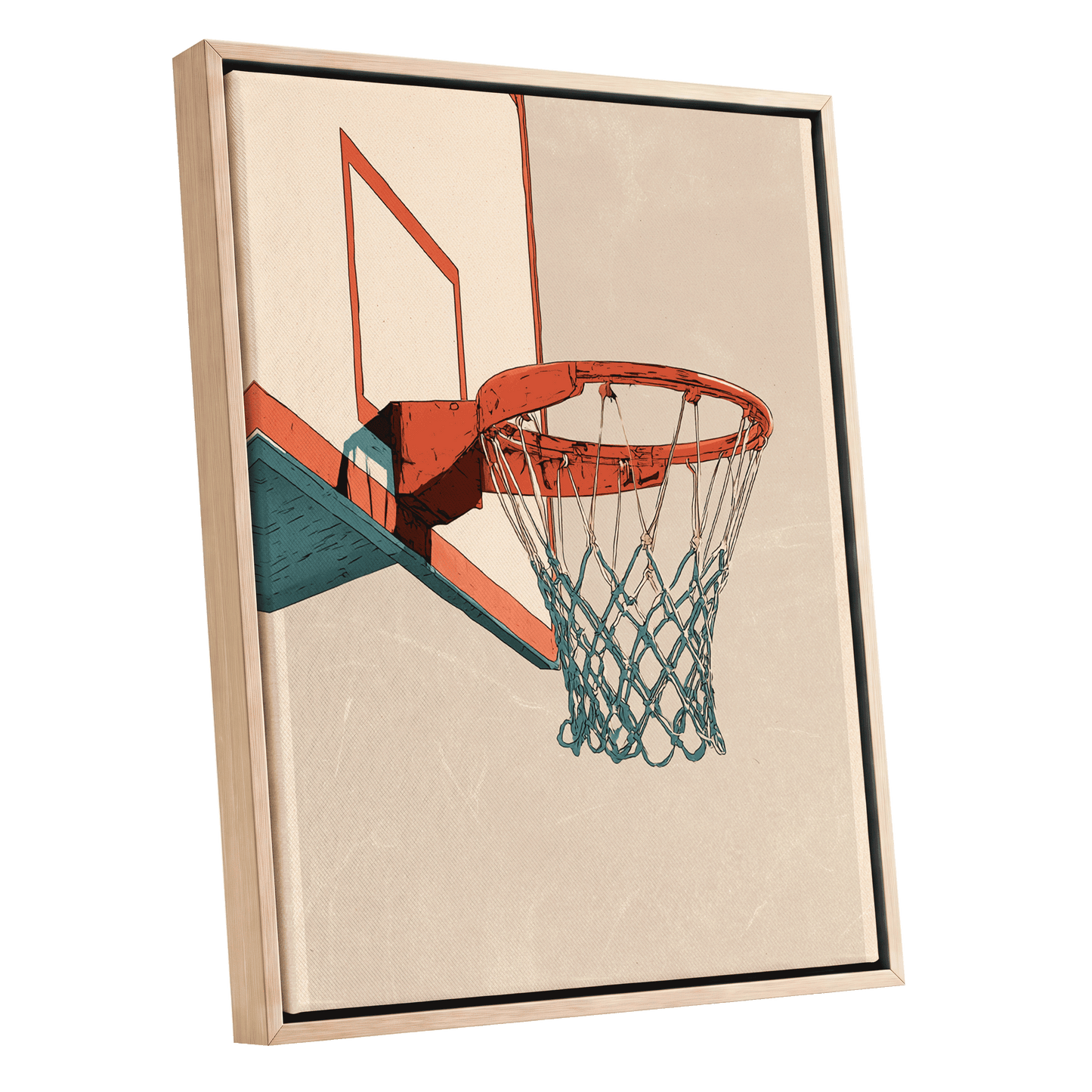 Courtside Geometry, beige, orange, blue minimalist wall art shown as a oak framed canvas wall art