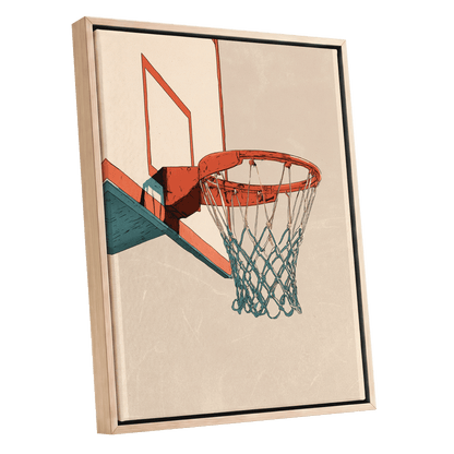 Courtside Geometry, beige, orange, blue minimalist wall art shown as a oak framed canvas wall art