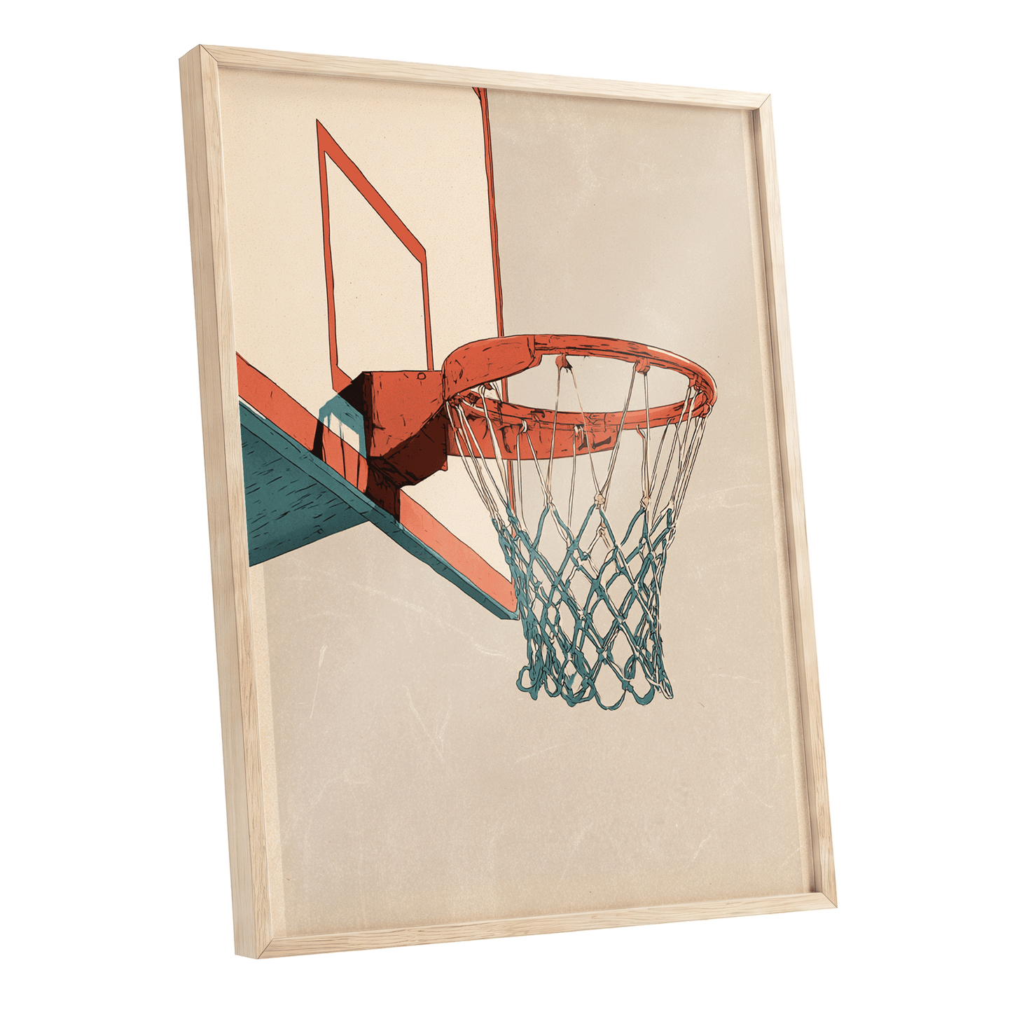 Courtside Geometry, beige, orange, blue minimalist wall art shown as a oak framed poster wall art print