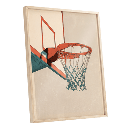 Courtside Geometry, beige, orange, blue minimalist wall art shown as a oak framed poster wall art print