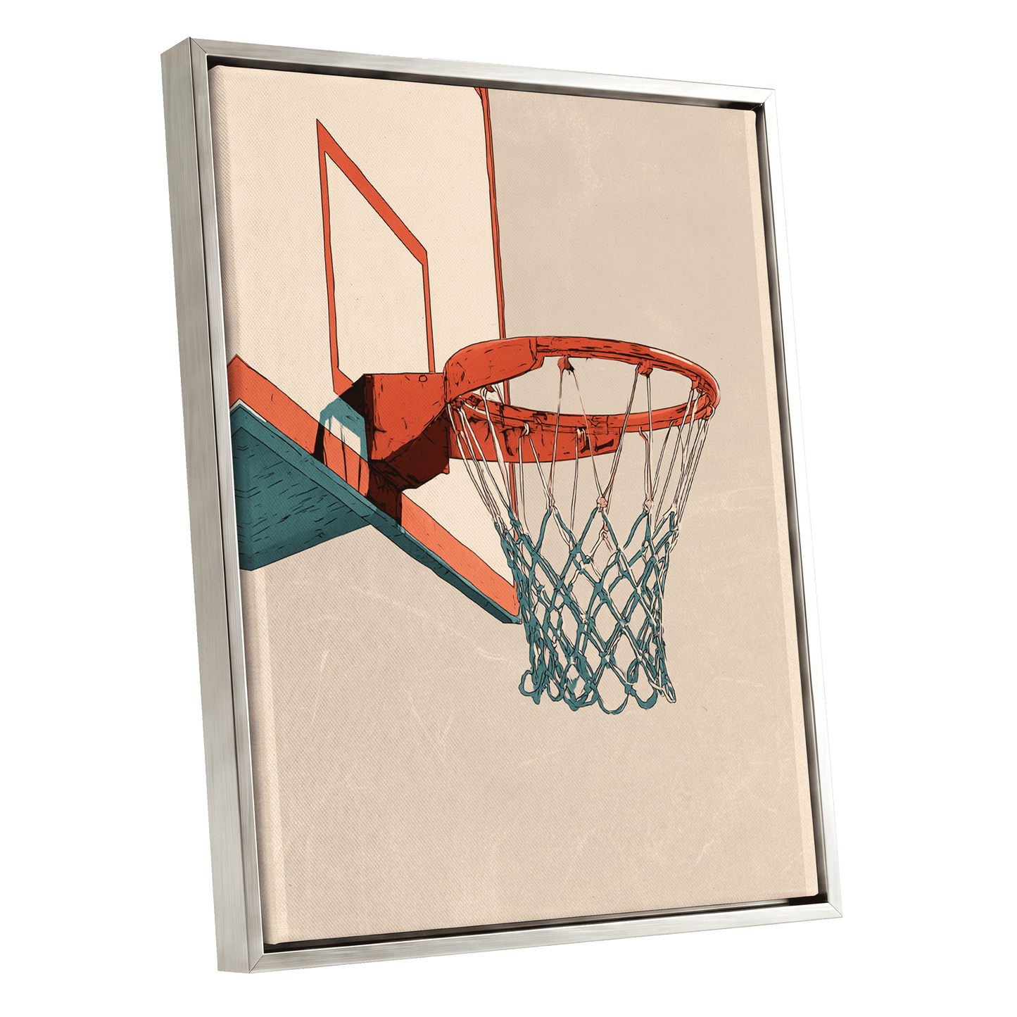 Courtside Geometry, beige, orange, blue minimalist wall art shown as a silver framed canvas wall art
