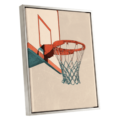 Courtside Geometry, beige, orange, blue minimalist wall art shown as a silver framed canvas wall art