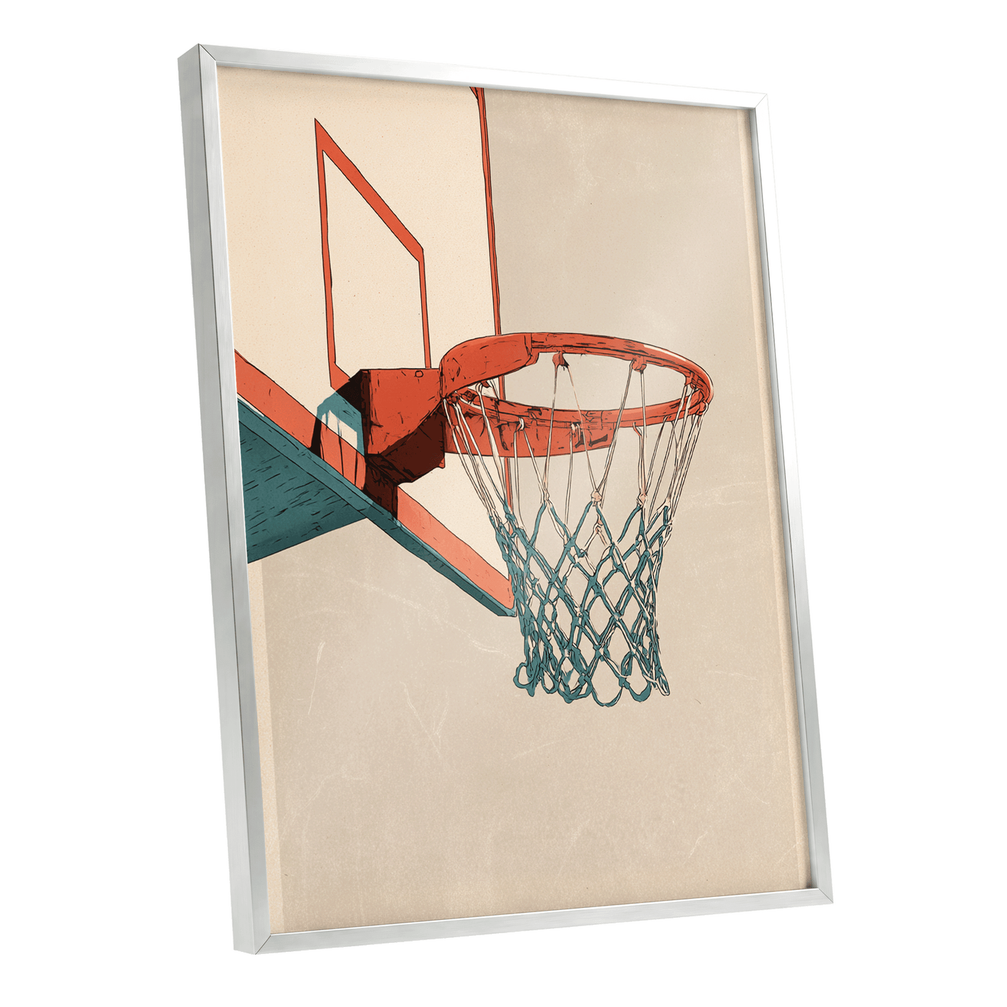Courtside Geometry, beige, orange, blue minimalist wall art shown as a silver framed poster wall art print