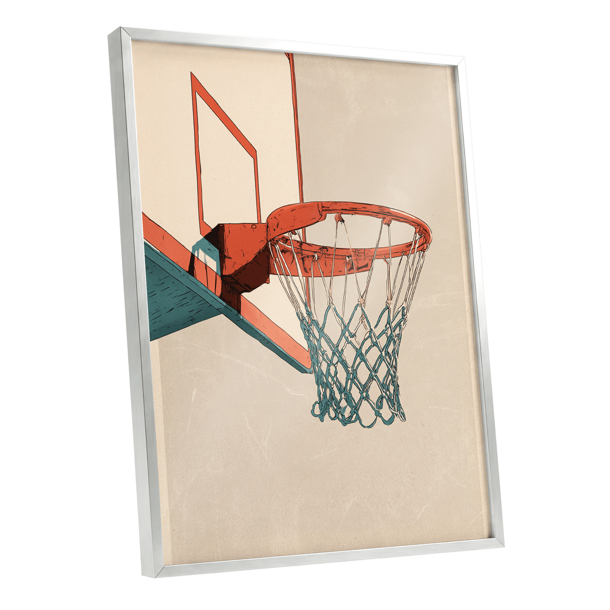 Courtside Geometry, beige, orange, blue minimalist wall art shown as a silver framed poster wall art print
