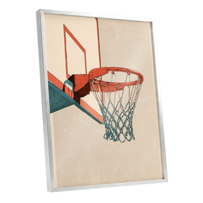 Courtside Geometry, beige, orange, blue minimalist wall art shown as a silver framed poster wall art print
