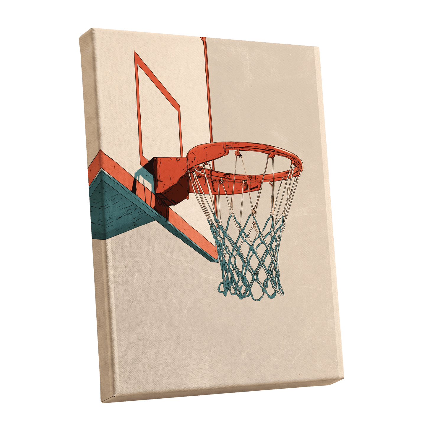 Courtside Geometry, beige, orange, blue minimalist wall art shown as a stretched canvas wall art