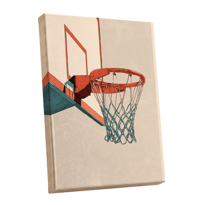 Courtside Geometry, beige, orange, blue minimalist wall art shown as a stretched canvas wall art