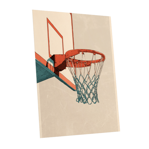 Courtside Geometry, beige, orange, blue minimalist wall art shown as a unframed poster wall art print