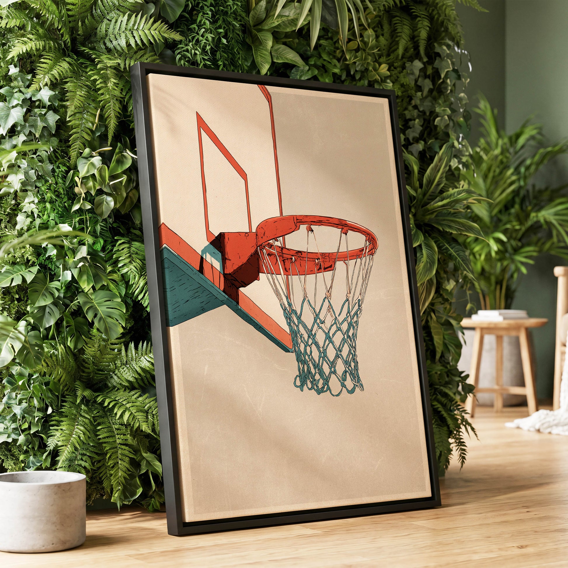 Courtside Geometry, beige, orange, blue minimalist wall art displayed in a styled interior, gallery view 1