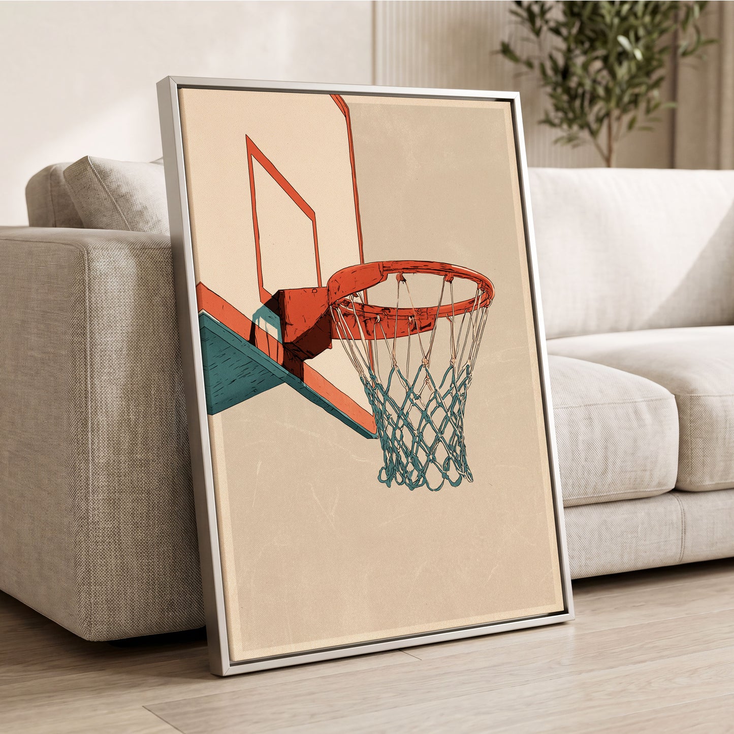 Courtside Geometry, beige, orange, blue minimalist wall art displayed in a styled interior, gallery view 2