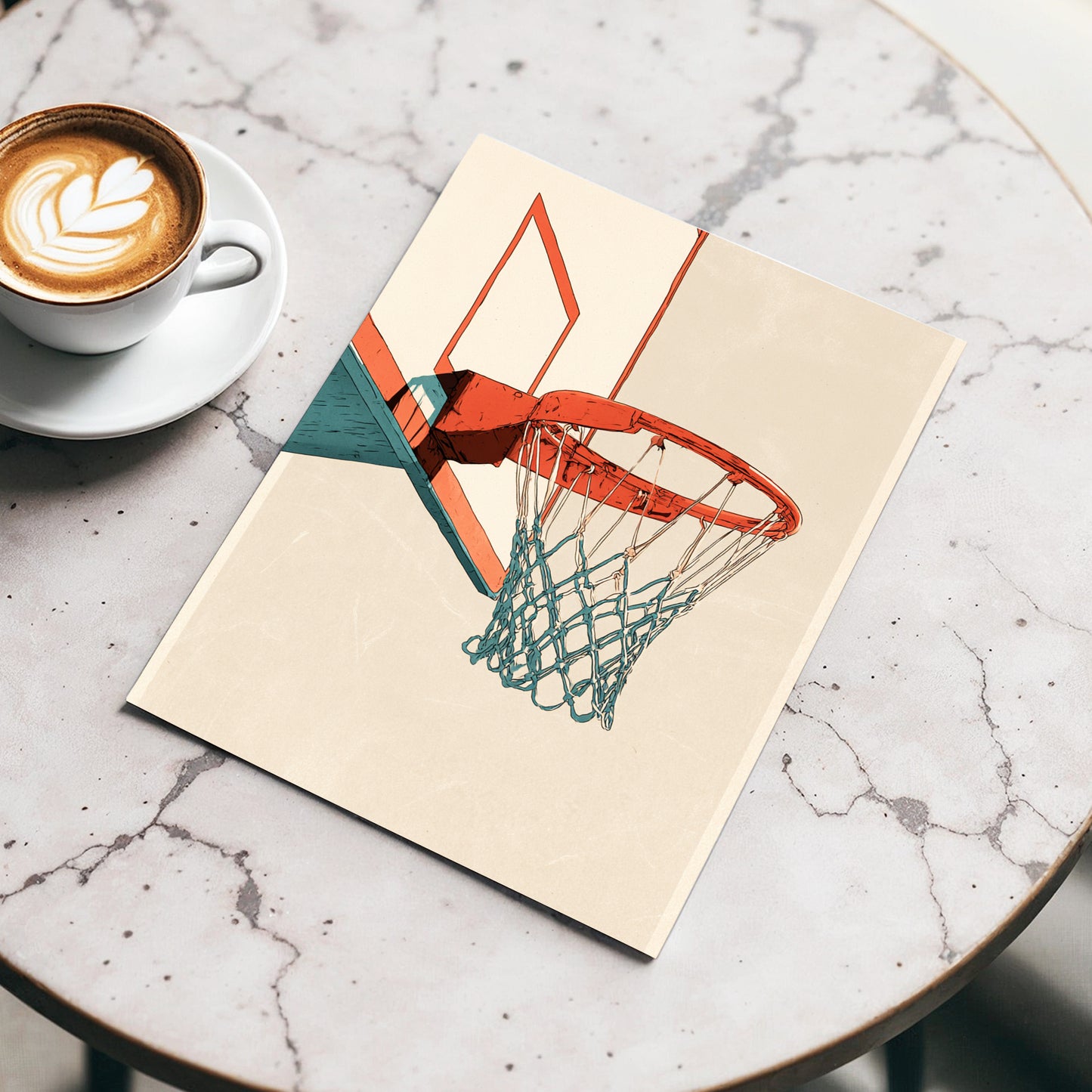 Courtside Geometry, beige, orange, blue minimalist wall art displayed in a styled interior, gallery view 3