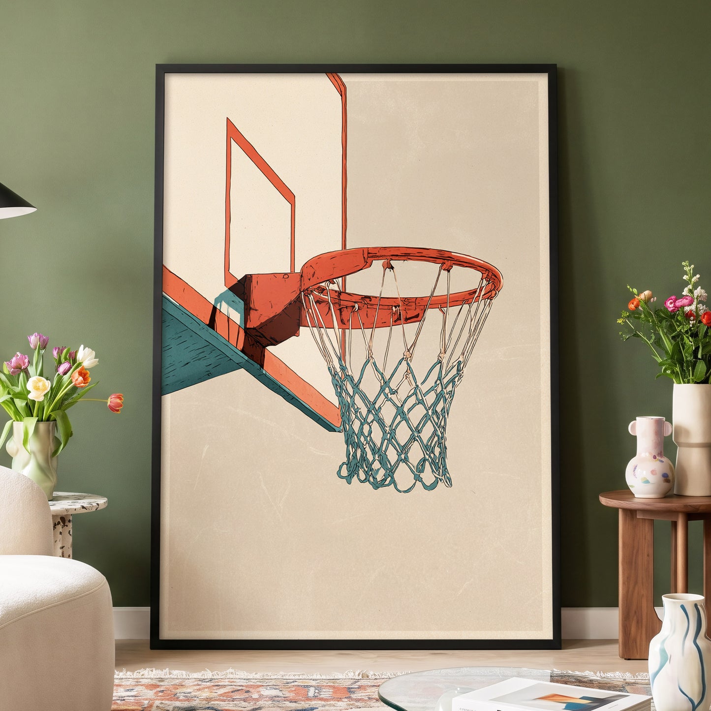 Courtside Geometry, beige, orange, blue minimalist wall art displayed in a styled interior, gallery view 4
