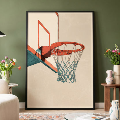 Courtside Geometry, beige, orange, blue minimalist wall art displayed in a styled interior, gallery view 4