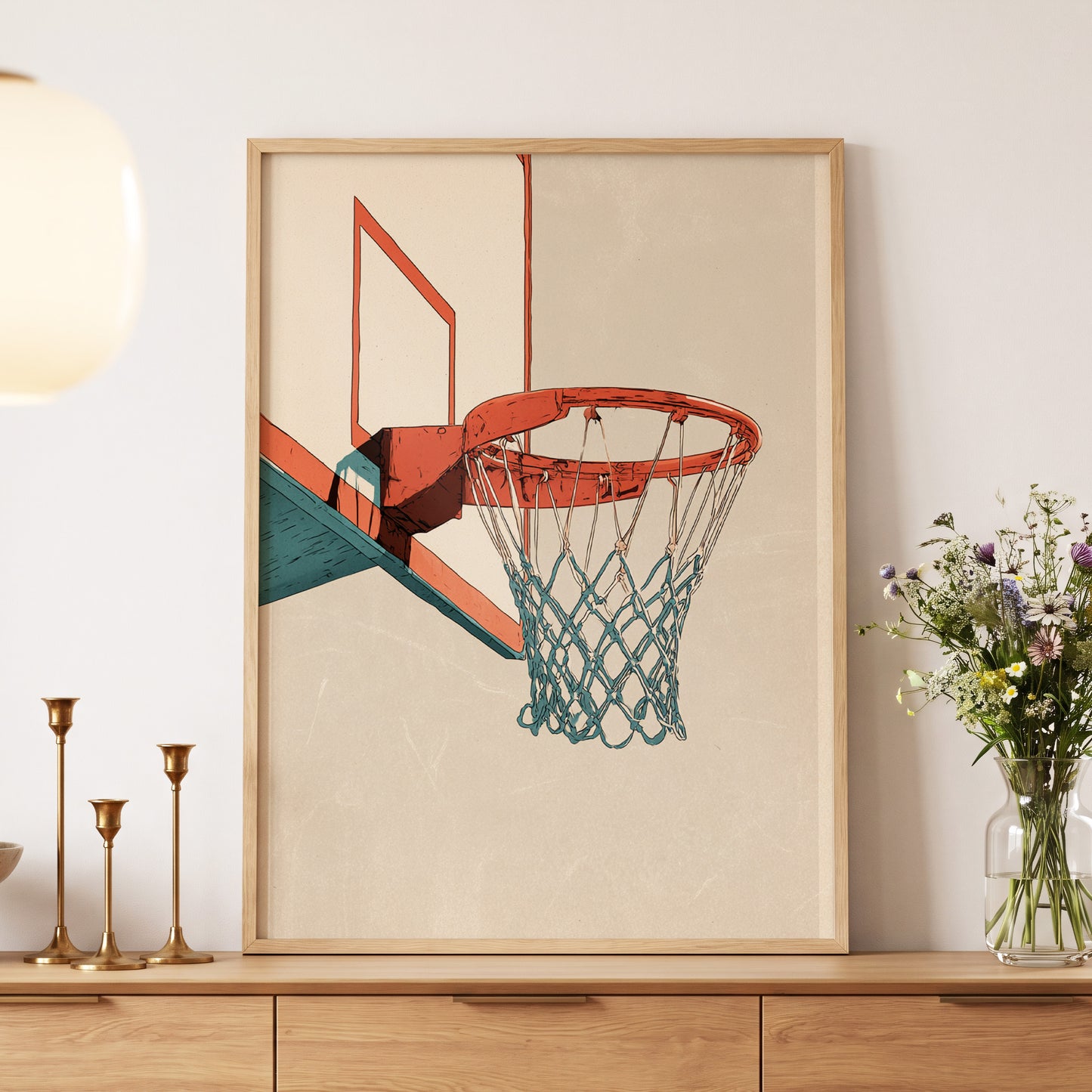 Courtside Geometry, beige, orange, blue minimalist wall art displayed in a styled interior, gallery view 5