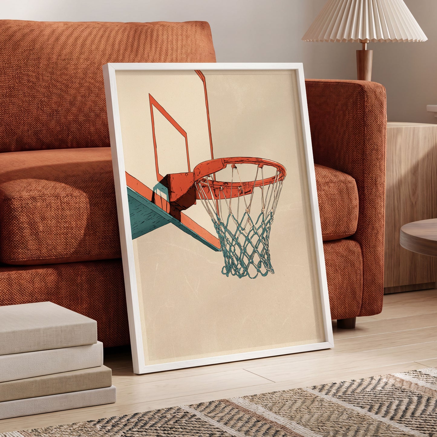Courtside Geometry, beige, orange, blue minimalist wall art displayed in a styled interior, gallery view 6