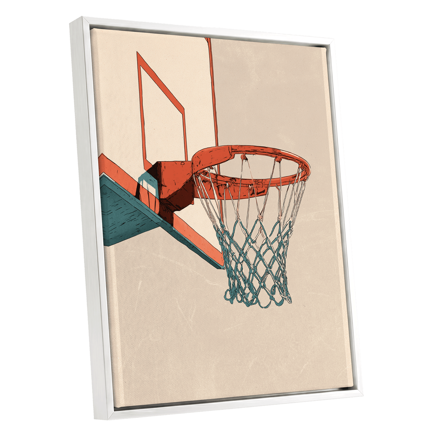 Courtside Geometry, beige, orange, blue minimalist wall art shown as a white framed canvas wall art