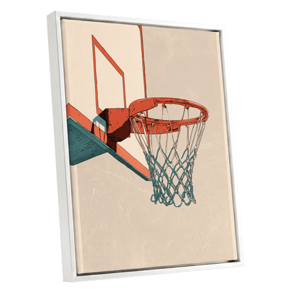 Courtside Geometry, beige, orange, blue minimalist wall art shown as a white framed canvas wall art