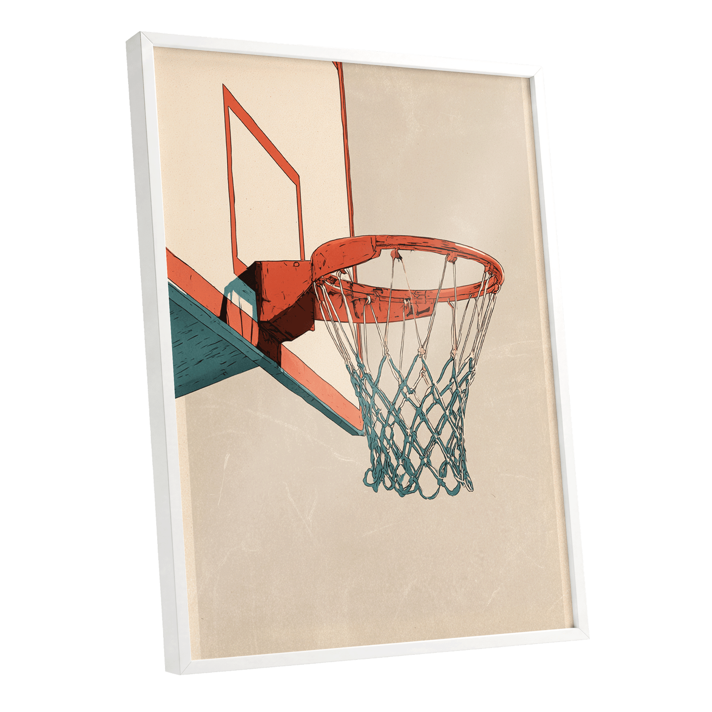 Courtside Geometry, beige, orange, blue minimalist wall art shown as a white framed poster wall art print
