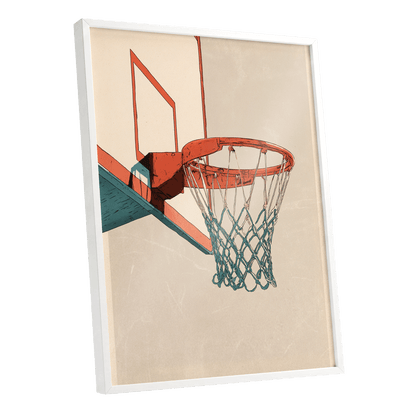 Courtside Geometry, beige, orange, blue minimalist wall art shown as a white framed poster wall art print