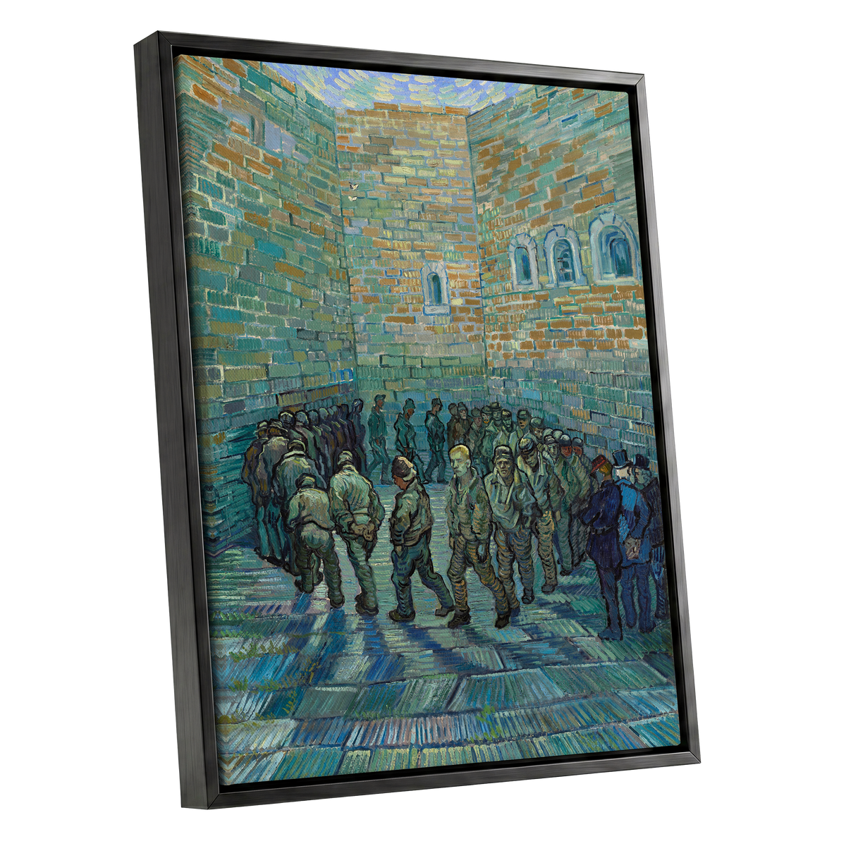 Courtyard in Motion, blue, green, brown abstract wall art shown as a black framed canvas wall art
