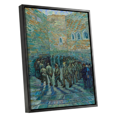 Courtyard in Motion, blue, green, brown abstract wall art shown as a black framed canvas wall art