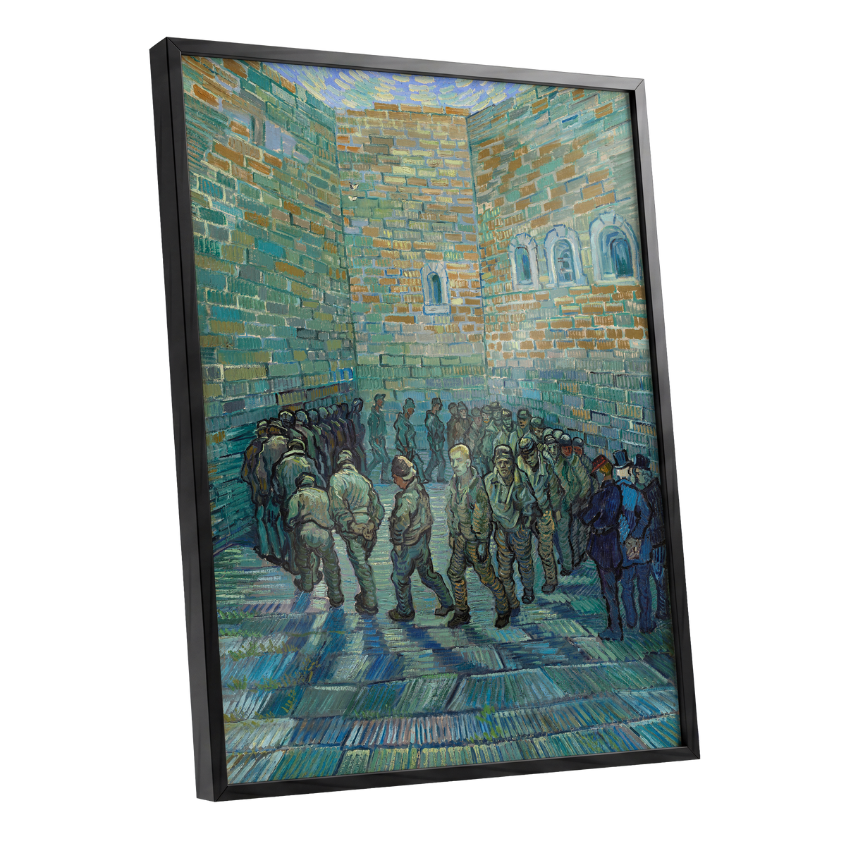 Courtyard in Motion, blue, green, brown abstract wall art shown as a black framed poster wall art print