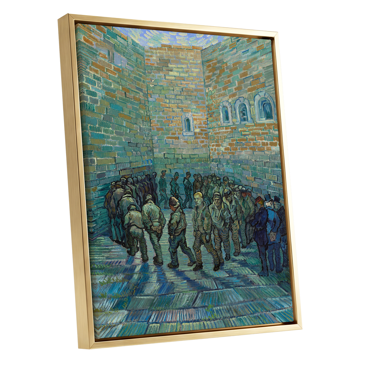Courtyard in Motion, blue, green, brown abstract wall art shown as a gold framed canvas wall art