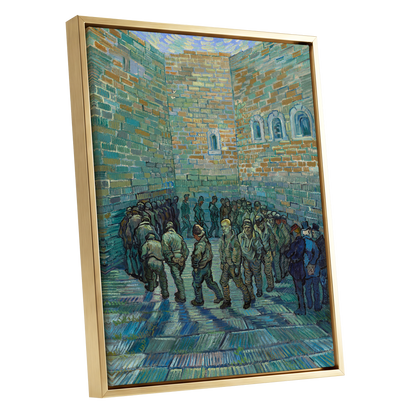 Courtyard in Motion, blue, green, brown abstract wall art shown as a gold framed canvas wall art