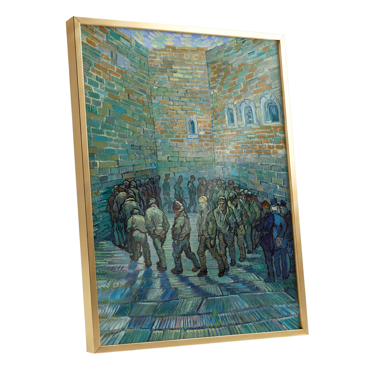 Courtyard in Motion, blue, green, brown abstract wall art shown as a gold framed poster wall art print