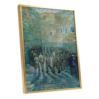 Courtyard in Motion, blue, green, brown abstract wall art shown as a gold framed poster wall art print