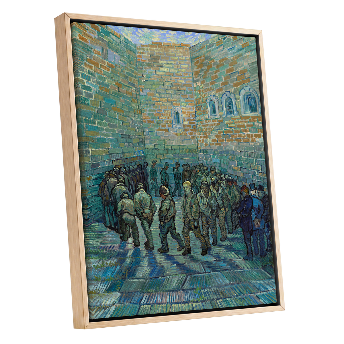 Courtyard in Motion, blue, green, brown abstract wall art shown as a oak framed canvas wall art